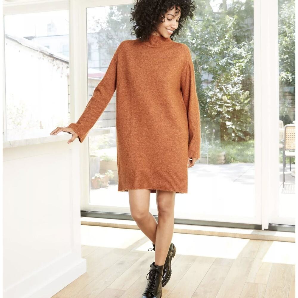 [A New Day] Burnt Orange Rust Long Sleeve Mock Neck Sweater Dress NWT Medium M